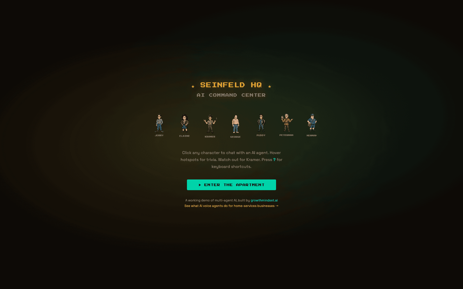 Seinfeld HQ AI Command Center landing screen: a row of specialized agent characters and an 'Enter the Apartment' call to action.